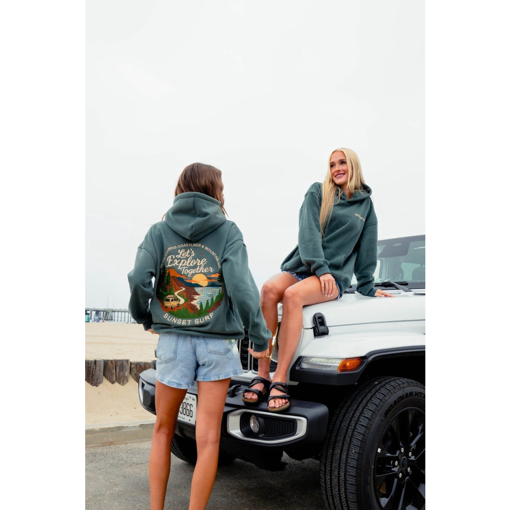 NWT Sunset Surf Coastal Explore Green Hoodie S Embroidered Graphic Fleece Lined - Picture 2 of 15